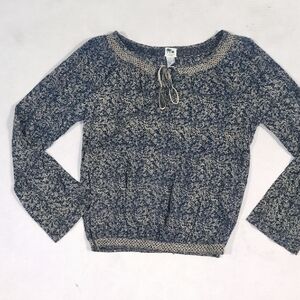 100% Cotton Women's Blue Cream Lightweight Tie Smocked Hem Wide Flare Cuff